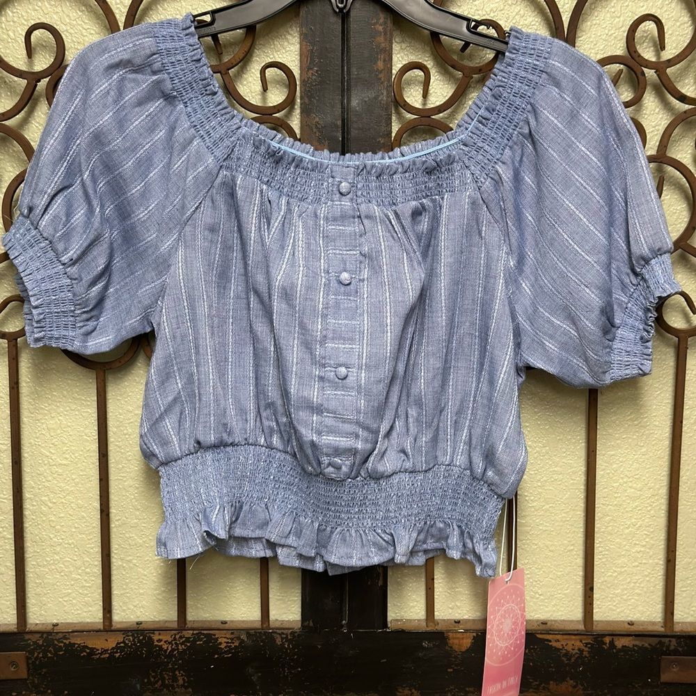 Fashion on Earth blue puff sleeve crop top